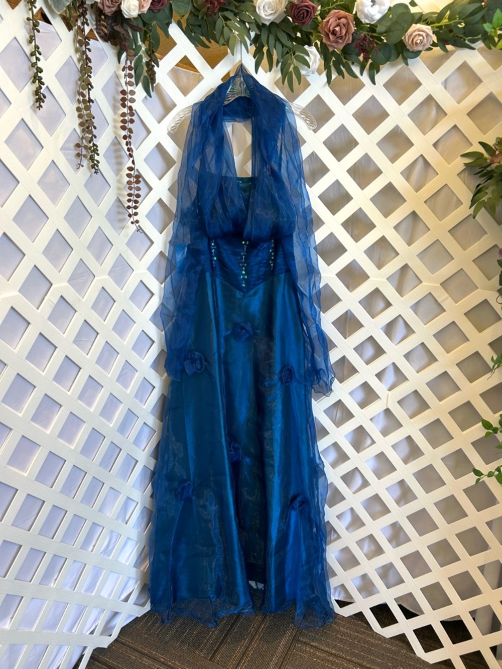 Cherlone Blue Formal Gown 16/18 Sheer Scarf Beaded Prom Dress Evening Maxi